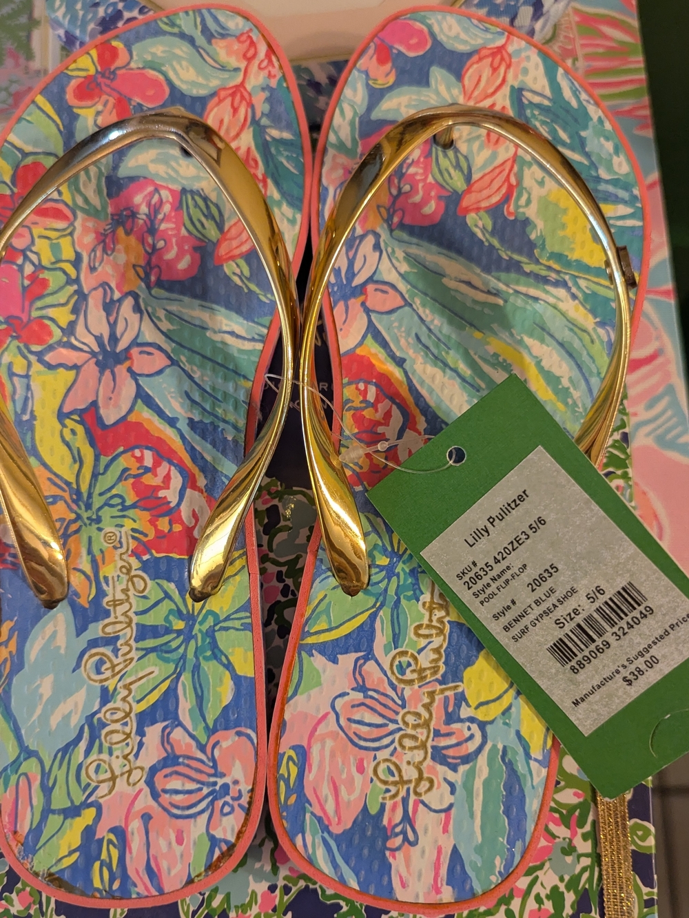 Lilly Pulitzer Pool Flip Flop Floral Sandals Blue & Pink US 5/6